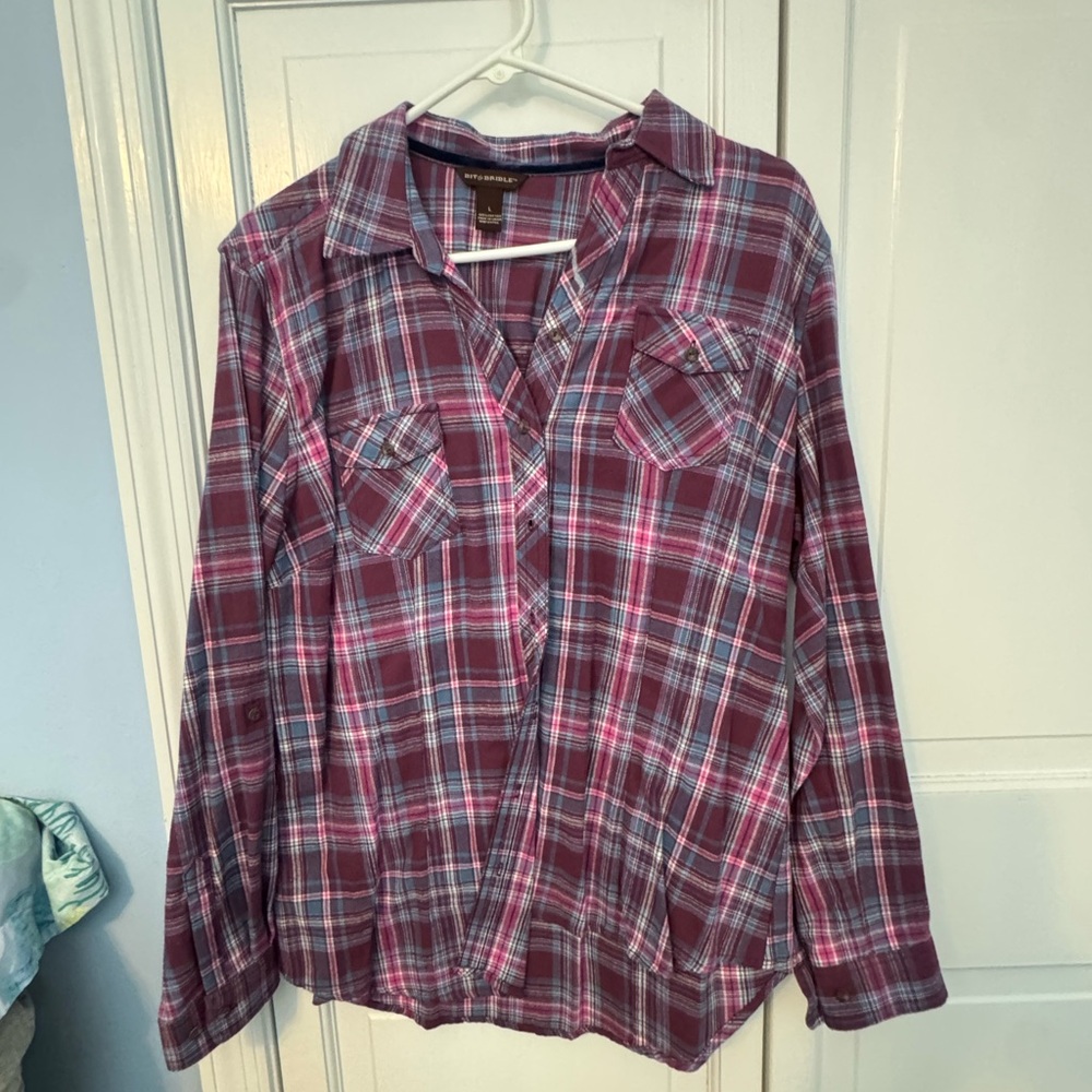 Adorable trendy pink Bit & Bridle Plaid Flannel Shirt – Size L - Picture 1 of 10